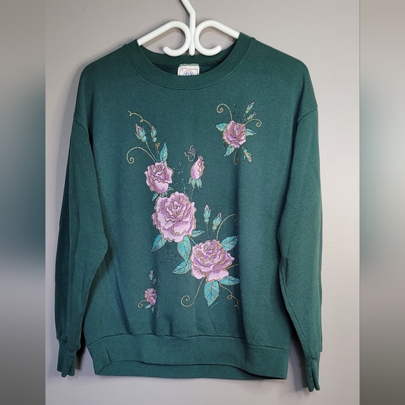 Delta Tops - Vintage Floral Green Crewneck Sweatshirt L